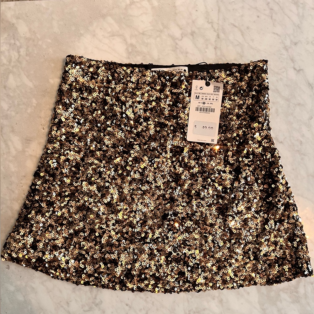 Zara Gold Sequin A-Line Mini Skirt